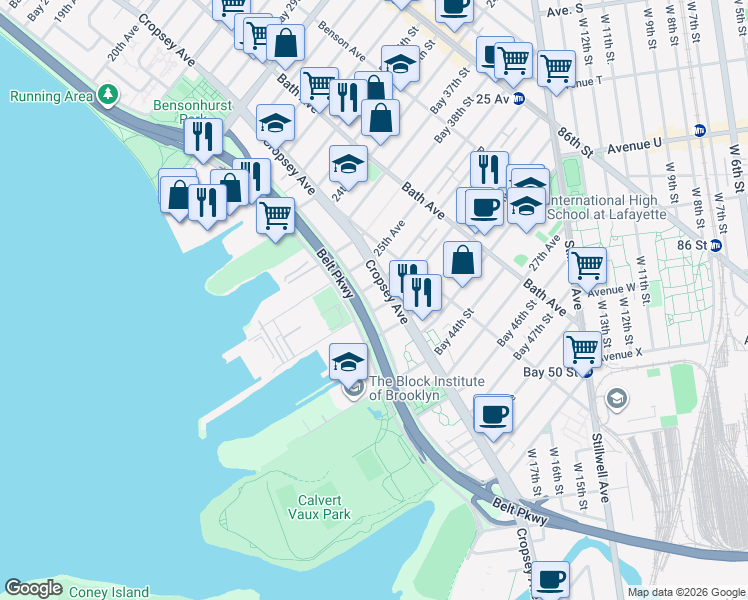 map of restaurants, bars, coffee shops, grocery stores, and more near 1843 Shore Parkway in Brooklyn