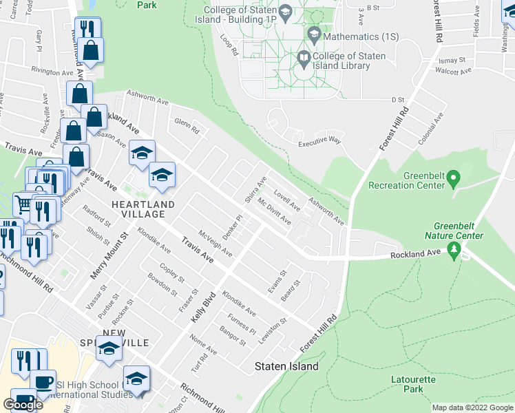 map of restaurants, bars, coffee shops, grocery stores, and more near 17A Mc Divitt Avenue in Staten Island