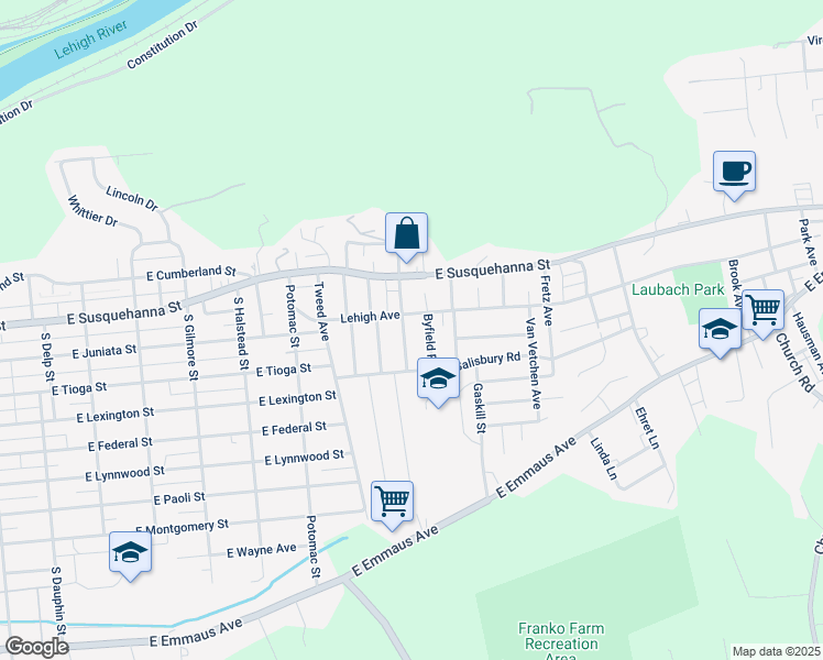 map of restaurants, bars, coffee shops, grocery stores, and more near 1242 Fairfax Street in Allentown