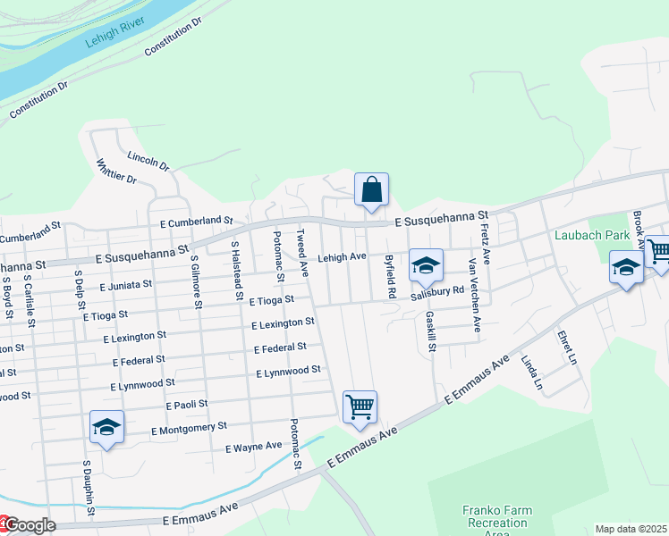 map of restaurants, bars, coffee shops, grocery stores, and more near 1236 Marlow Street in Allentown