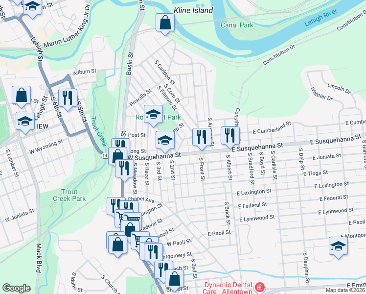 map of restaurants, bars, coffee shops, grocery stores, and more near 132 Donald Street in Allentown