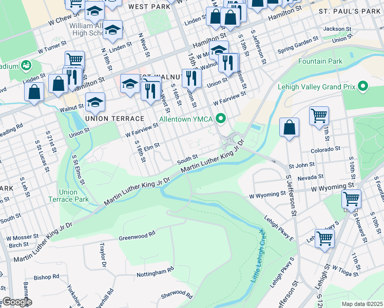 map of restaurants, bars, coffee shops, grocery stores, and more near 1601 South West Street in Allentown