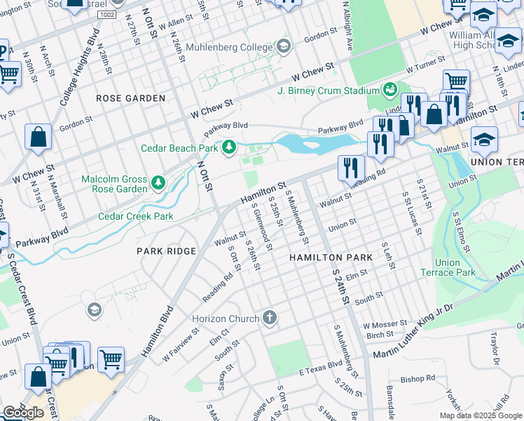 map of restaurants, bars, coffee shops, grocery stores, and more near 2530 Hamilton Street in Allentown