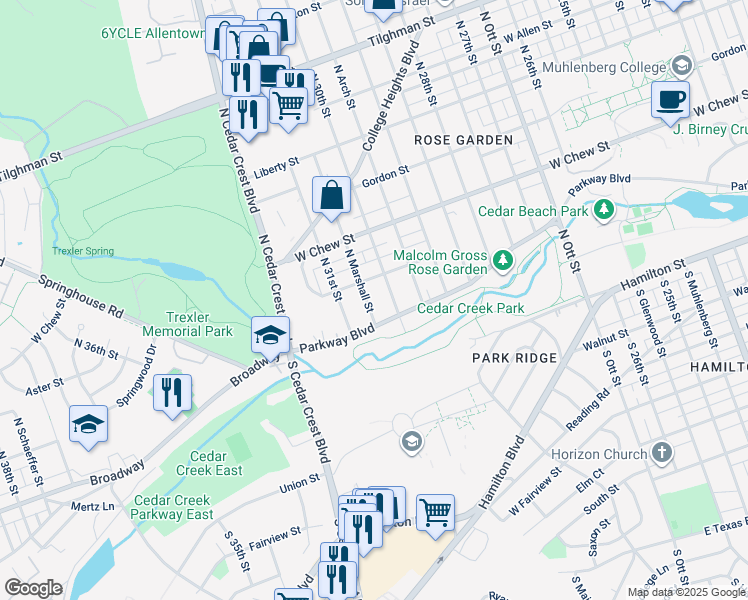 map of restaurants, bars, coffee shops, grocery stores, and more near 123-127 North Marshall Street in Allentown