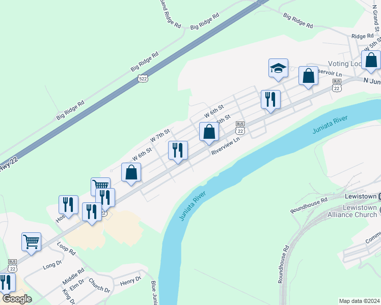 map of restaurants, bars, coffee shops, grocery stores, and more near 921 West 4th Street in Lewistown