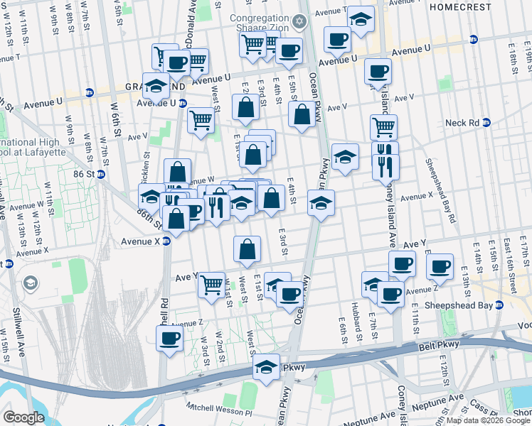 map of restaurants, bars, coffee shops, grocery stores, and more near 2377 East 2nd Street in Brooklyn