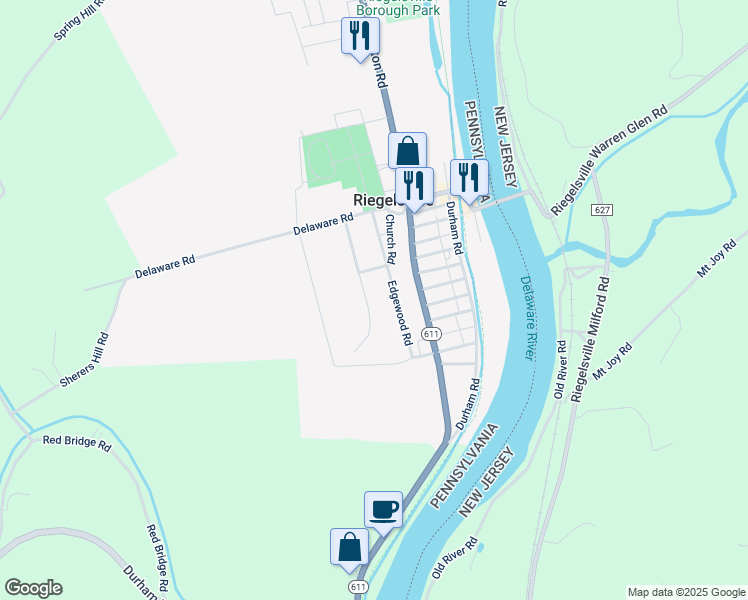 map of restaurants, bars, coffee shops, grocery stores, and more near 926 Fairmont Road in Riegelsville
