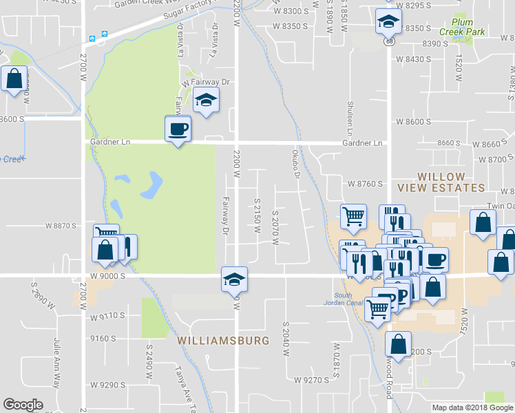 map of restaurants, bars, coffee shops, grocery stores, and more near 2101 West 8820 South in West Jordan