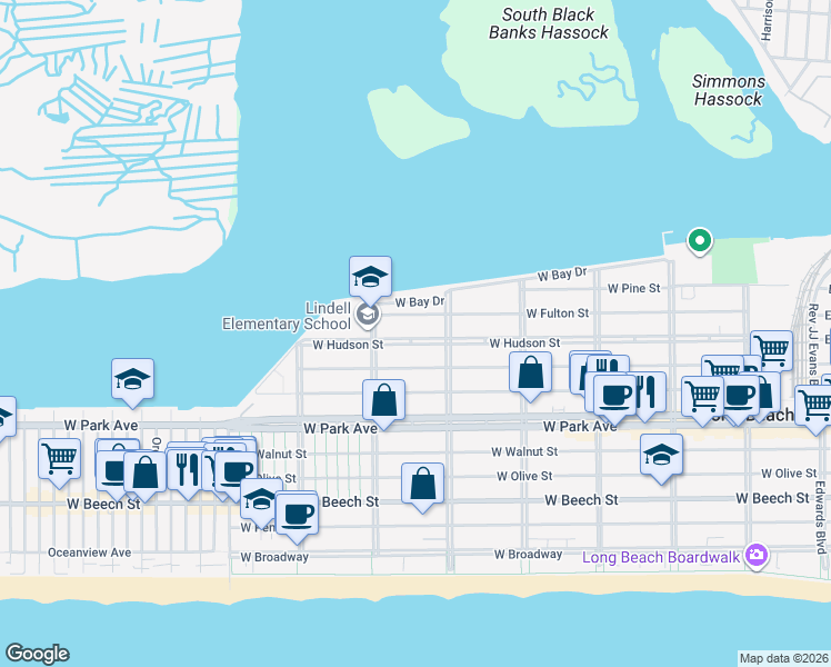 map of restaurants, bars, coffee shops, grocery stores, and more near 535 West Hudson Street in Long Beach