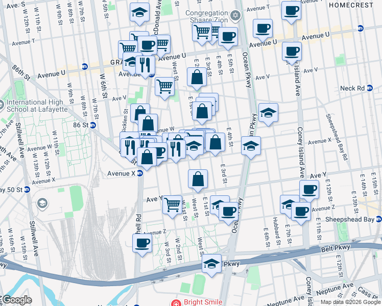 map of restaurants, bars, coffee shops, grocery stores, and more near 2352 East 1st Street in Brooklyn
