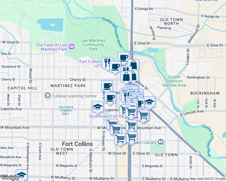 map of restaurants, bars, coffee shops, grocery stores, and more near 204 Maple Street in Fort Collins