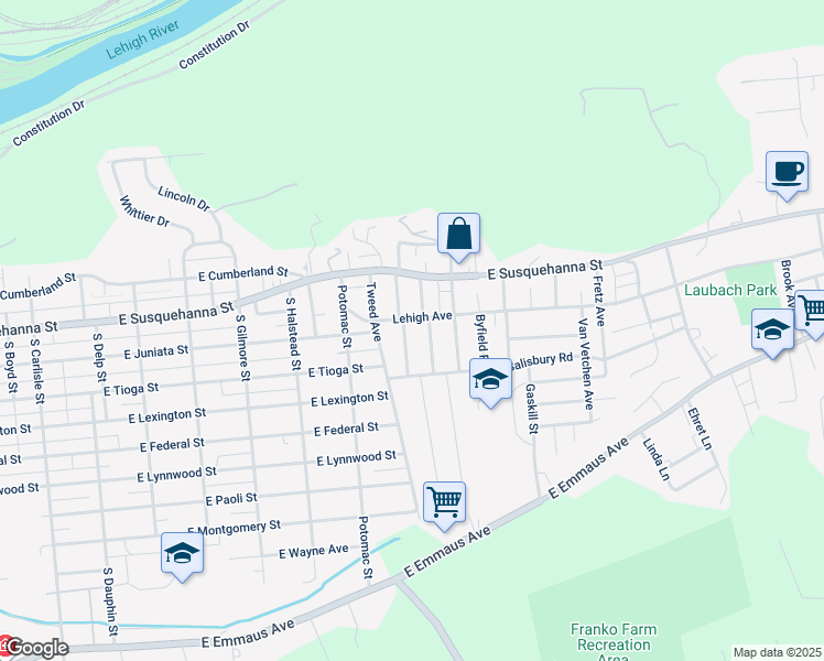 map of restaurants, bars, coffee shops, grocery stores, and more near 1236 Marlow Street in Allentown