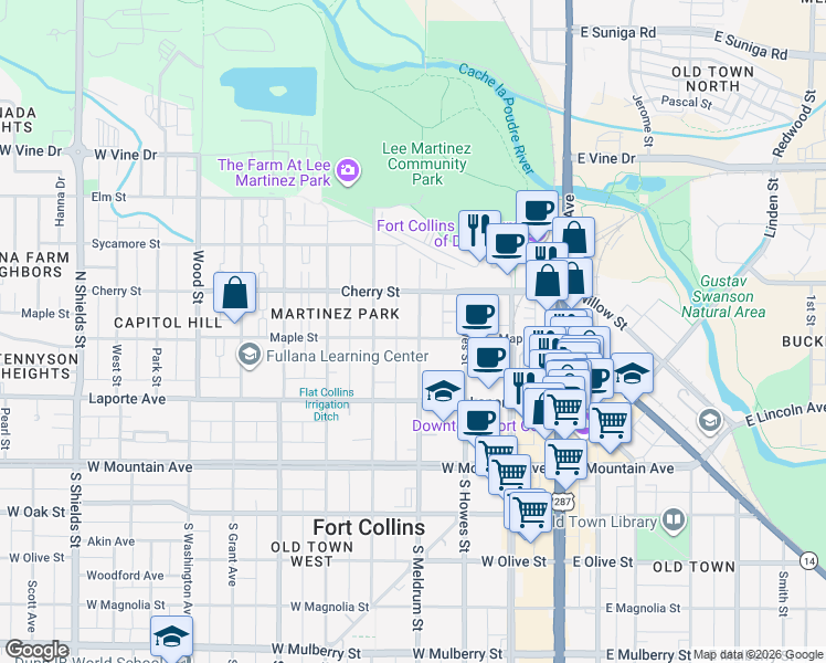 map of restaurants, bars, coffee shops, grocery stores, and more near 303 North Meldrum Street in Fort Collins