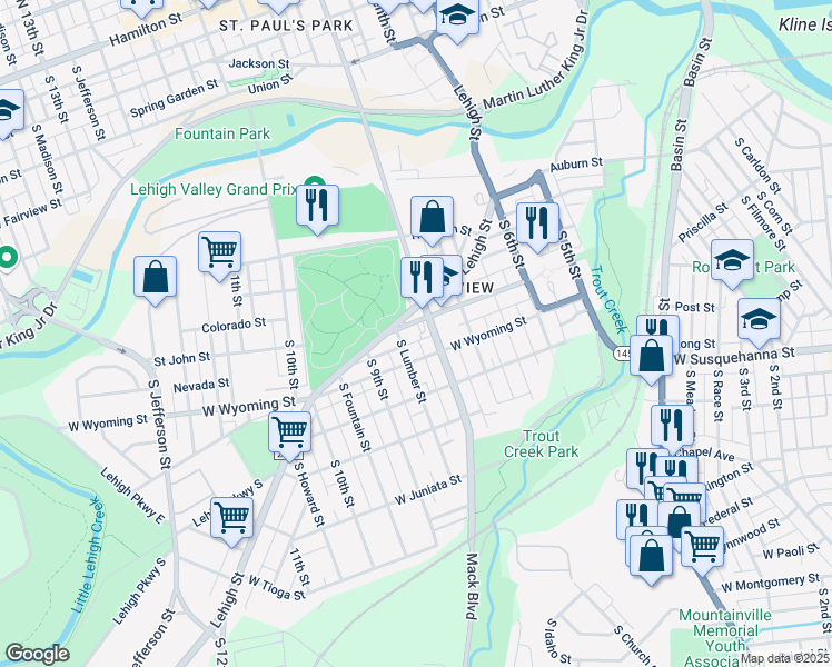 map of restaurants, bars, coffee shops, grocery stores, and more near 811 Saint John Street in Allentown