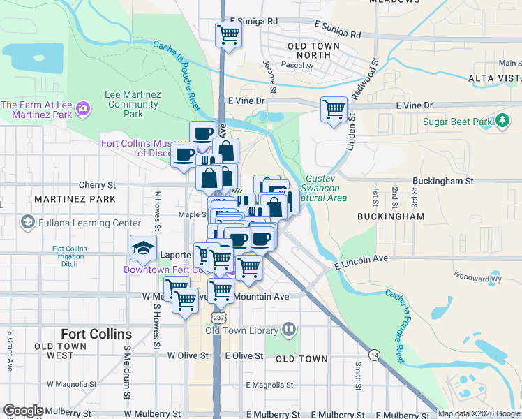 map of restaurants, bars, coffee shops, grocery stores, and more near 362 Pine Street in Fort Collins