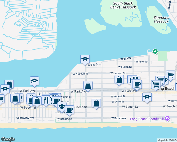 map of restaurants, bars, coffee shops, grocery stores, and more near 571 West Hudson Street in Long Beach