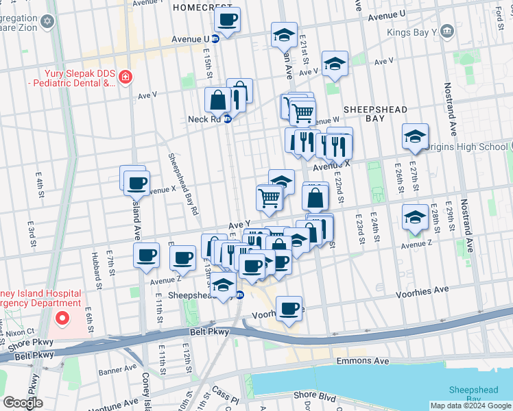 map of restaurants, bars, coffee shops, grocery stores, and more near 2435 East 17th Street in Brooklyn