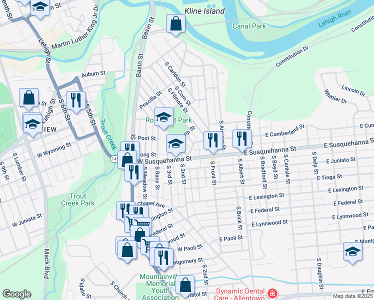 map of restaurants, bars, coffee shops, grocery stores, and more near 903 South Woodward Street in Allentown