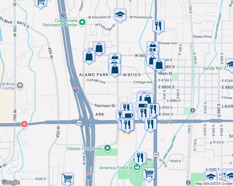 map of restaurants, bars, coffee shops, grocery stores, and more near 8825 Monroe Street in Sandy