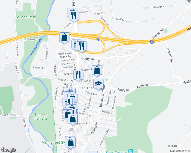 map of restaurants, bars, coffee shops, grocery stores, and more near 215 East High Street in Hellertown