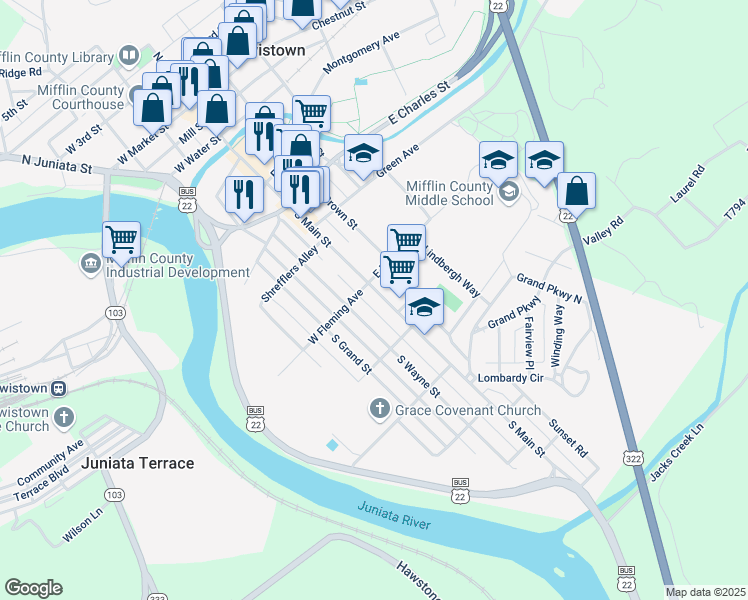 map of restaurants, bars, coffee shops, grocery stores, and more near 506 South Main Street in Lewistown