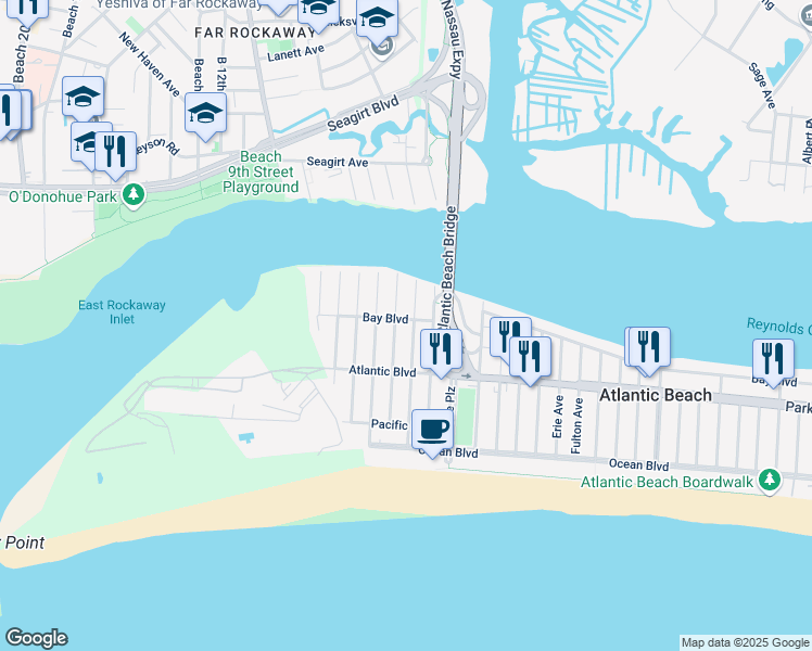 map of restaurants, bars, coffee shops, grocery stores, and more near 160 Bermuda Street in Atlantic Beach