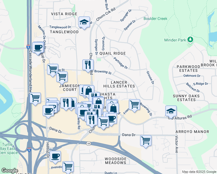 map of restaurants, bars, coffee shops, grocery stores, and more near 1165 Burton Drive in Redding