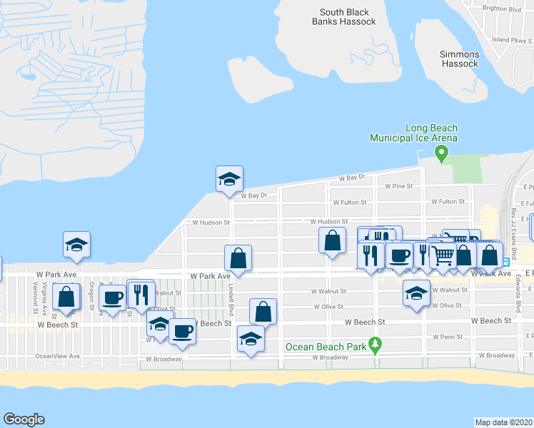 map of restaurants, bars, coffee shops, grocery stores, and more near 515 West Hudson Street in Long Beach