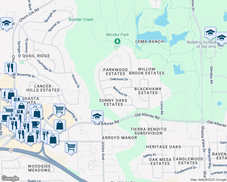 map of restaurants, bars, coffee shops, grocery stores, and more near 1082 Belcrest Drive in Redding
