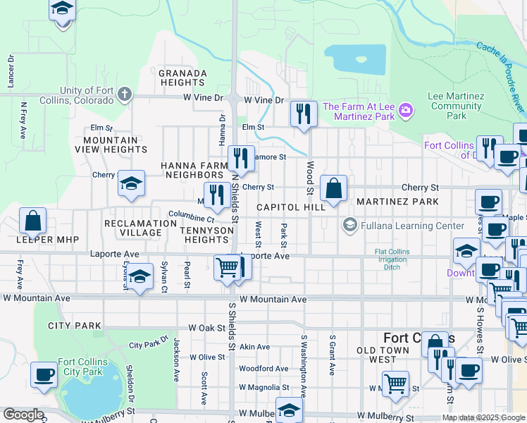 map of restaurants, bars, coffee shops, grocery stores, and more near 308 West Street in Fort Collins