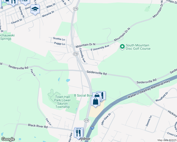 map of restaurants, bars, coffee shops, grocery stores, and more near 1289 Seidersville Road in Bethlehem