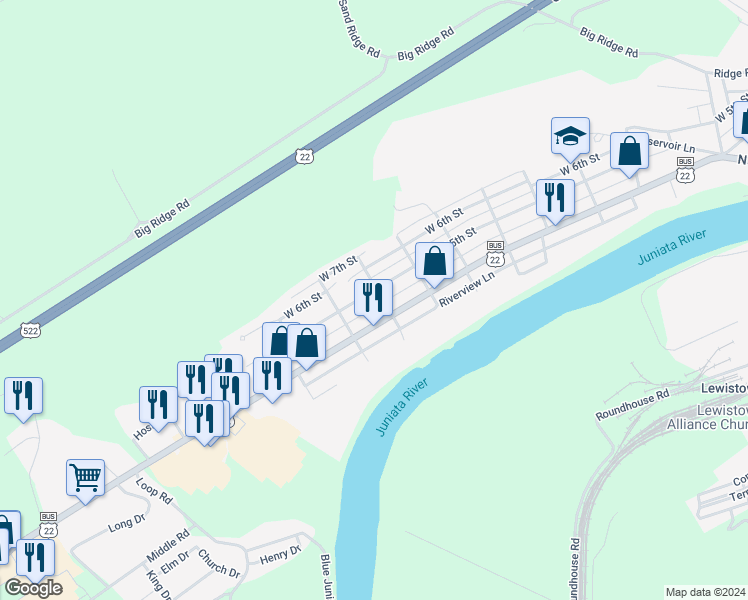 map of restaurants, bars, coffee shops, grocery stores, and more near 1002 West 5th Street in Lewistown