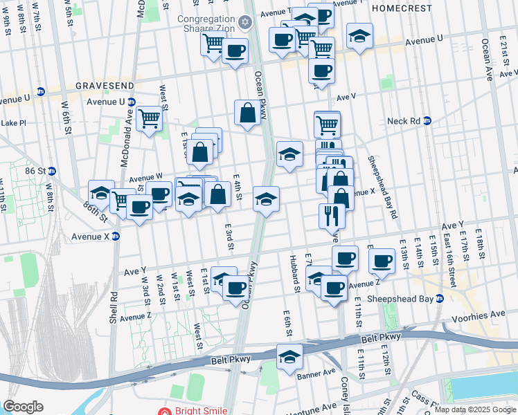 map of restaurants, bars, coffee shops, grocery stores, and more near Avenue X & Ocean Pkwy in Brooklyn
