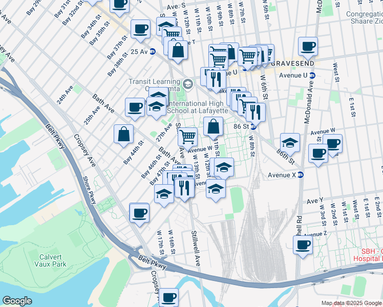 map of restaurants, bars, coffee shops, grocery stores, and more near 12 Avenue W in Brooklyn