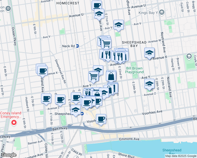 map of restaurants, bars, coffee shops, grocery stores, and more near 1801 Avenue Y in Brooklyn