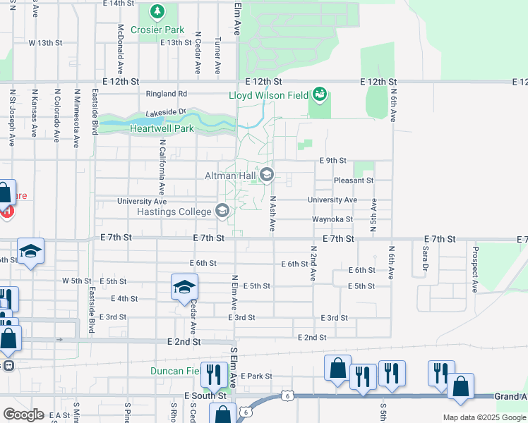 map of restaurants, bars, coffee shops, grocery stores, and more near 717 North Ash Avenue in Hastings