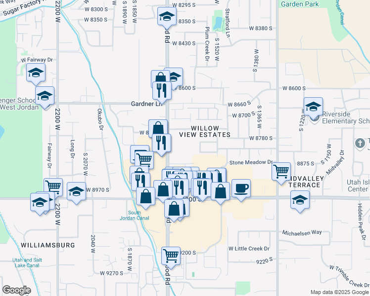 map of restaurants, bars, coffee shops, grocery stores, and more near 8821 South Redwood Road in West Jordan