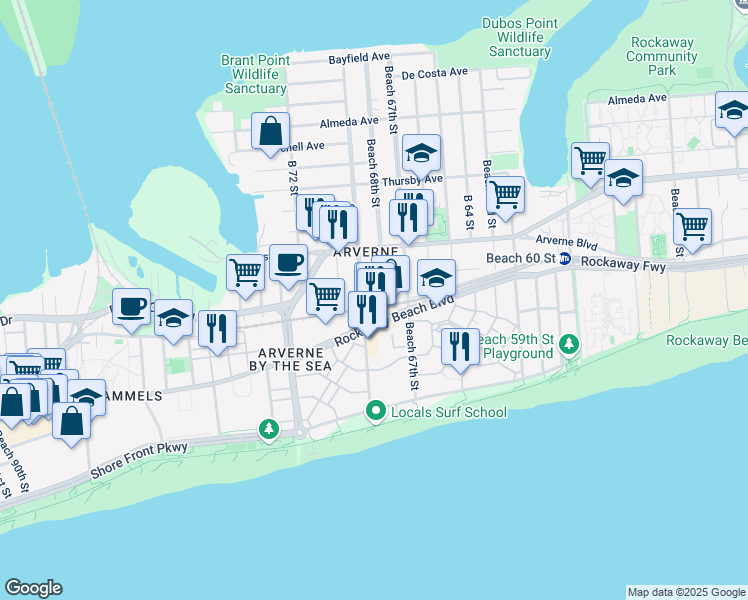 map of restaurants, bars, coffee shops, grocery stores, and more near 67-20 Rockaway Beach Boulevard in Queens