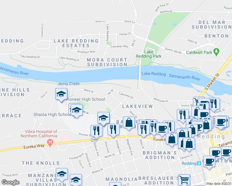map of restaurants, bars, coffee shops, grocery stores, and more near 730 Lakeview Drive in Redding