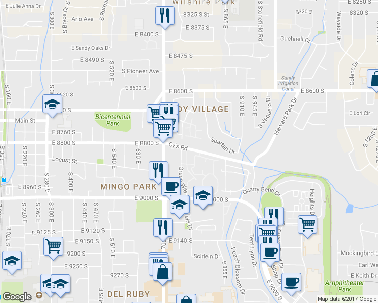 map of restaurants, bars, coffee shops, grocery stores, and more near 777 East 8875 South in Sandy