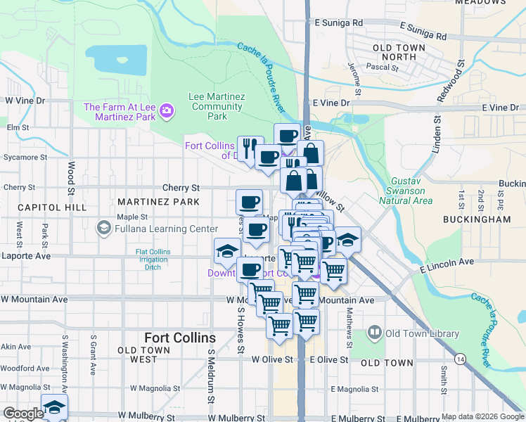 map of restaurants, bars, coffee shops, grocery stores, and more near 209 Cherry Lane in Fort Collins