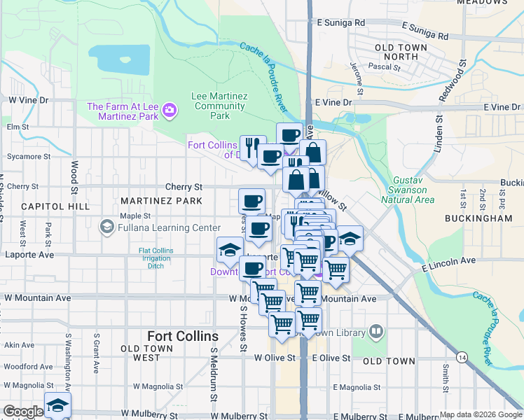 map of restaurants, bars, coffee shops, grocery stores, and more near 209 Cherry Lane in Fort Collins