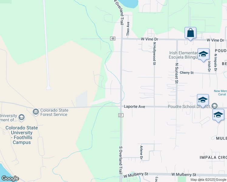 map of restaurants, bars, coffee shops, grocery stores, and more near 224 High Place in Fort Collins