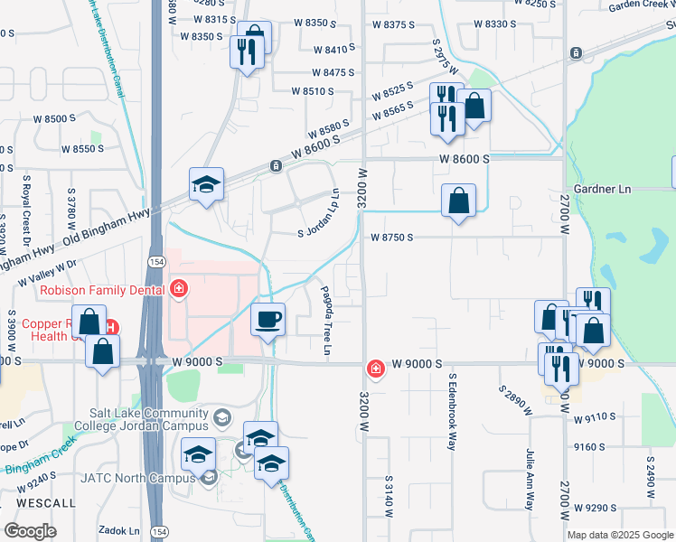 map of restaurants, bars, coffee shops, grocery stores, and more near 3248 Virginia Pine Way in West Jordan