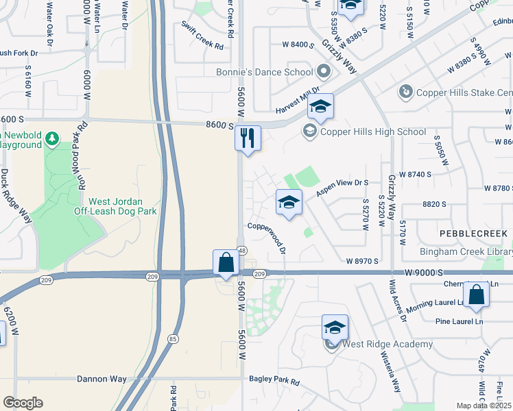 map of restaurants, bars, coffee shops, grocery stores, and more near 5548 Geronimo Way in West Jordan