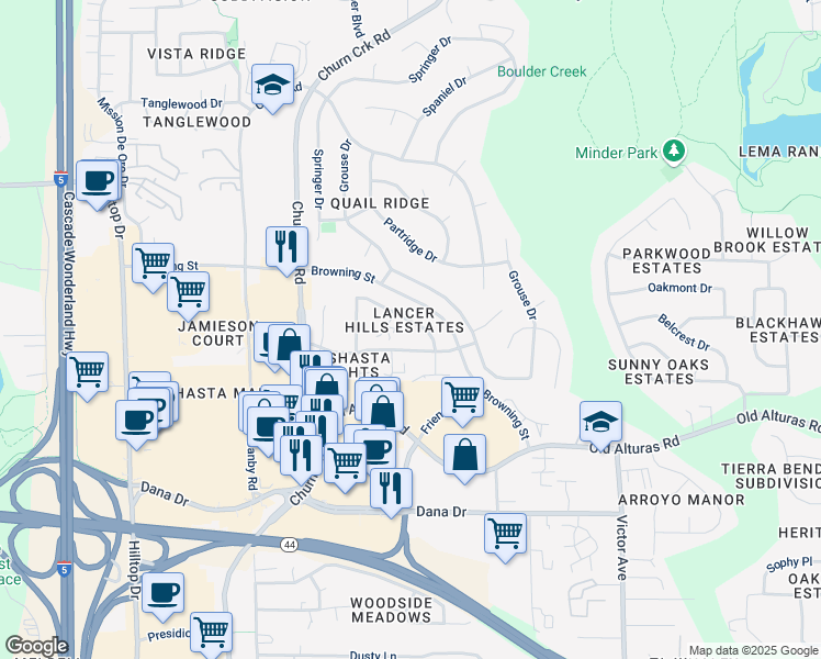 map of restaurants, bars, coffee shops, grocery stores, and more near 1036 Burton Drive in Redding