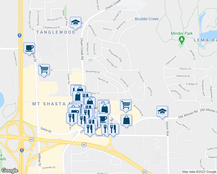 map of restaurants, bars, coffee shops, grocery stores, and more near 1036 Burton Drive in Redding