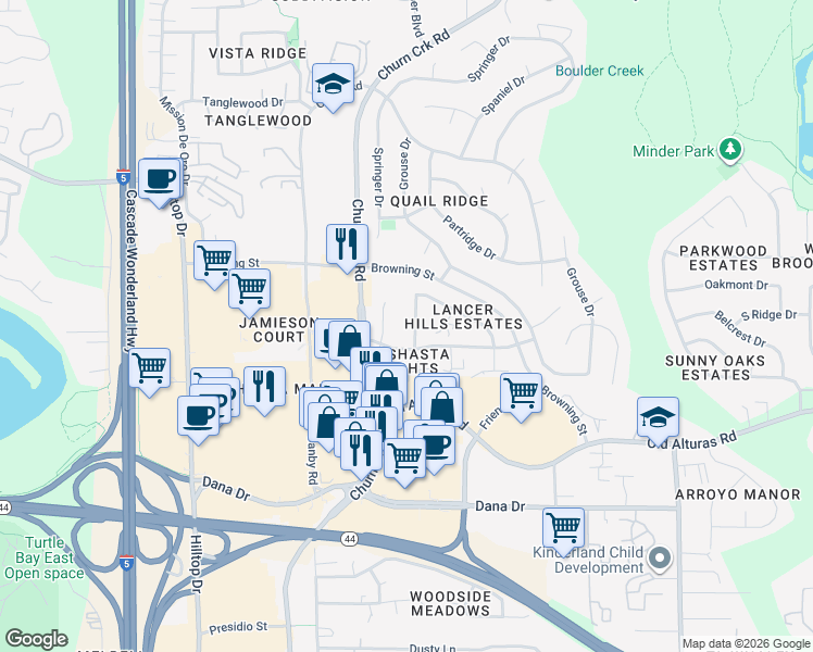 map of restaurants, bars, coffee shops, grocery stores, and more near 1141 Burton Drive in Redding