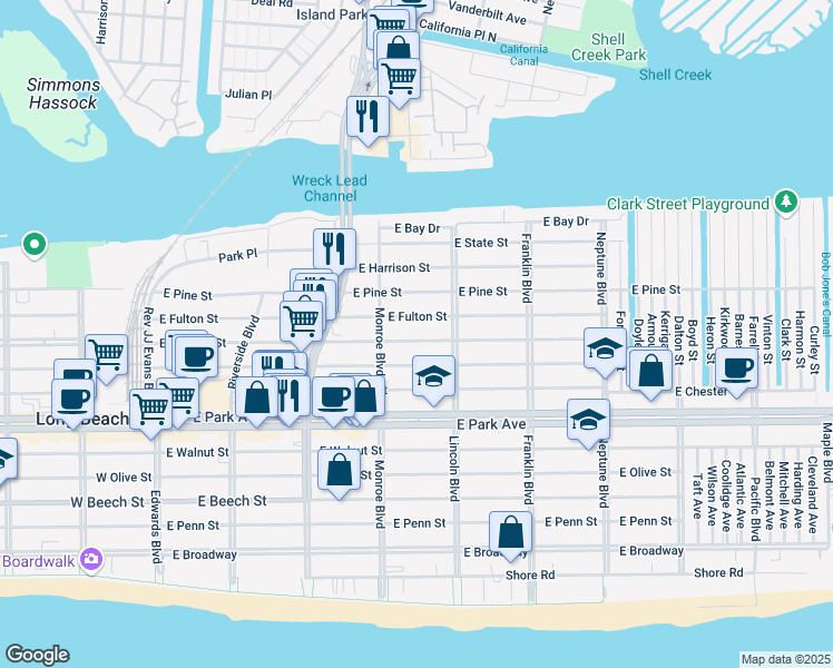 map of restaurants, bars, coffee shops, grocery stores, and more near 330 East Fulton Street in Long Beach