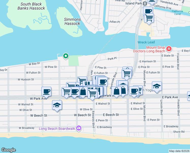 map of restaurants, bars, coffee shops, grocery stores, and more near 24 East Fulton Street in Long Beach